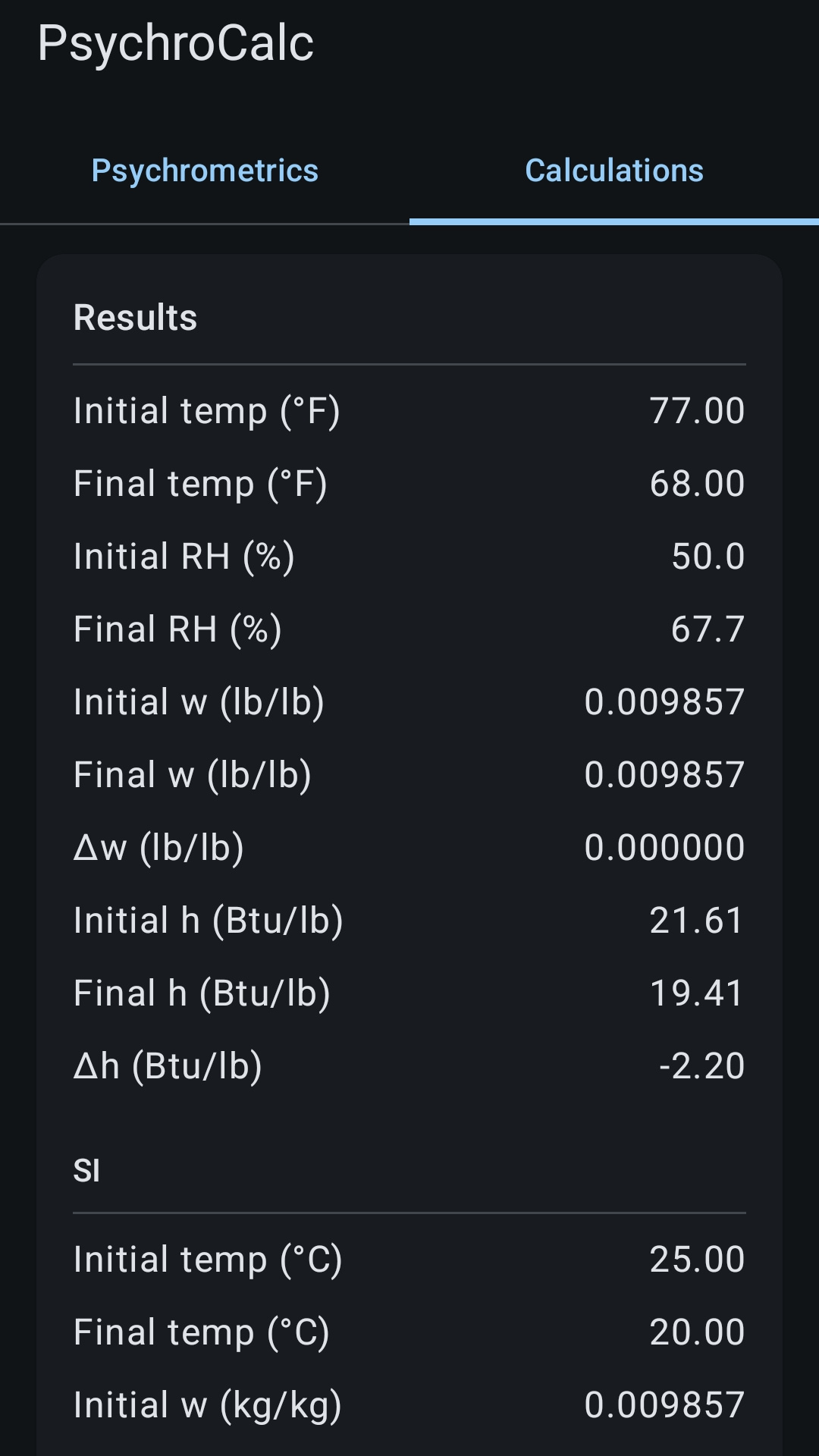 Calculation results in Imperial and SI units
