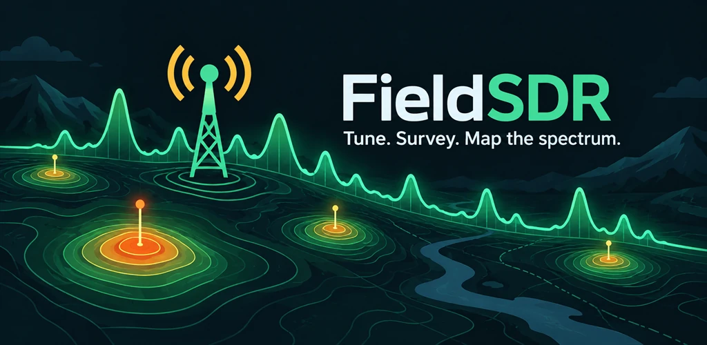 FieldSDR radio tower, spectrum traces, and mapped signal contours